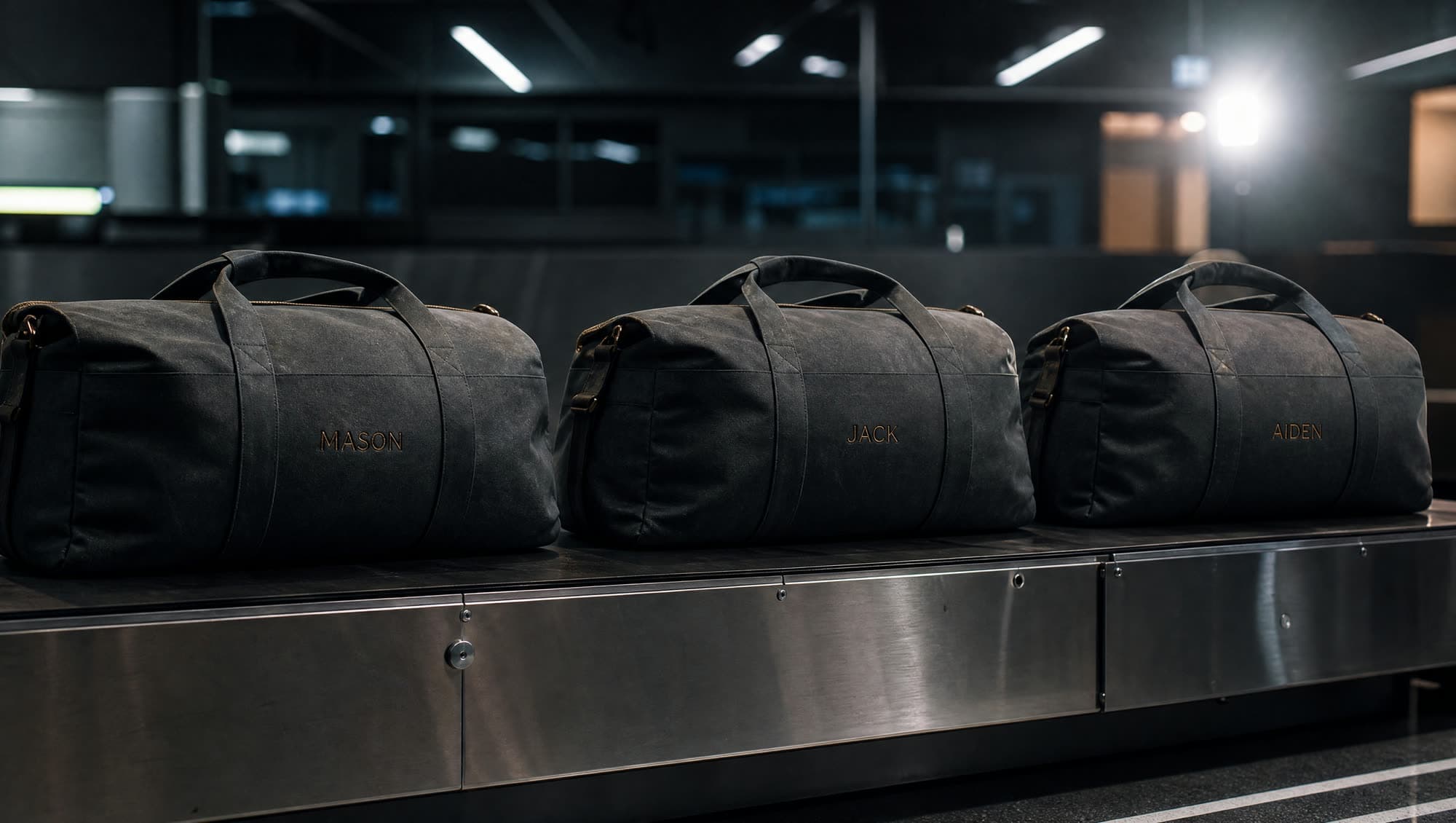 Three identical dark weekender bags on a belt, each carrying a different engraved name
